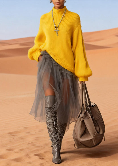 Classy Yellow Asymmetrical Patchwork Tulle Sweater Dress Winter