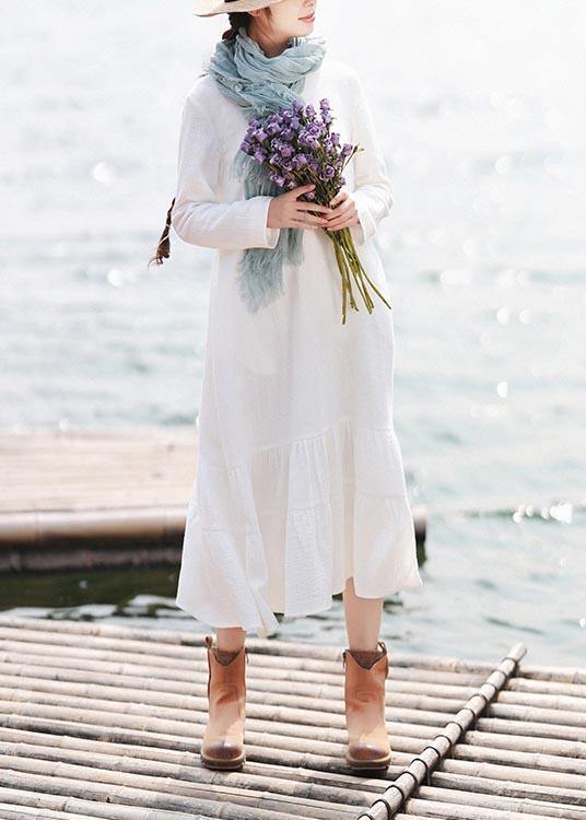 Style White Tunics for O Neck Ruffles Loose Spring Dress