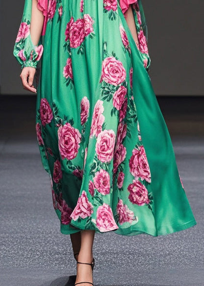 Green Print Ruffles Silk Velour Dresses Fall