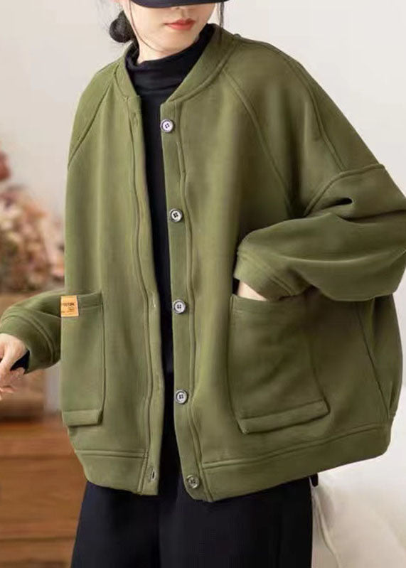 Army Green O-neck Pockets Patchwork O-neck Fleece Coat Winter