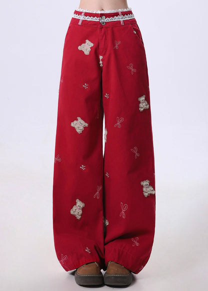 Red Embroidered Patchwork Denim Pants Spring