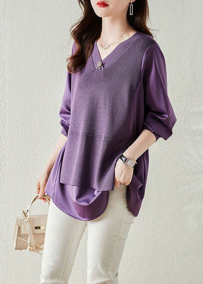 Purple V Neck Patchwork Knit Fake Two Piece Top Long Sleeve