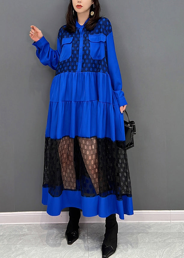 Vogue Blue O-neck Dot Patchwork Wrinkled Tulle Maxi Dresses Spring