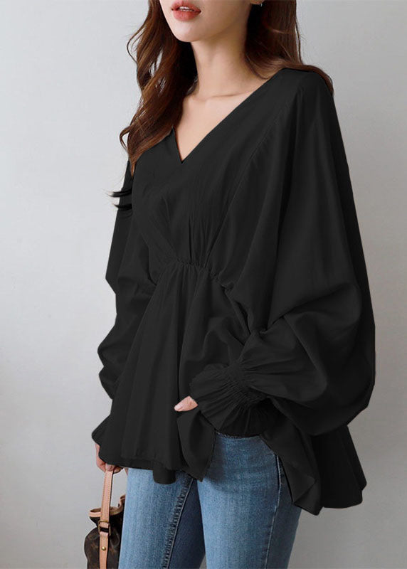 Black V Neck Wrinkled Patchwork Cotton Shirts Tops Lantern Sleeve