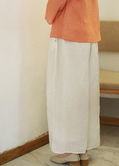 White Elastic Waist Drawstring Pockets Linen Wide Leg Pants Spring