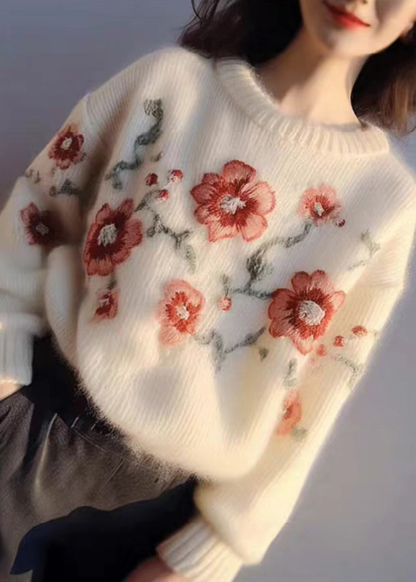 Apricot Embroidered Cozy Cotton Knit Sweater Winter