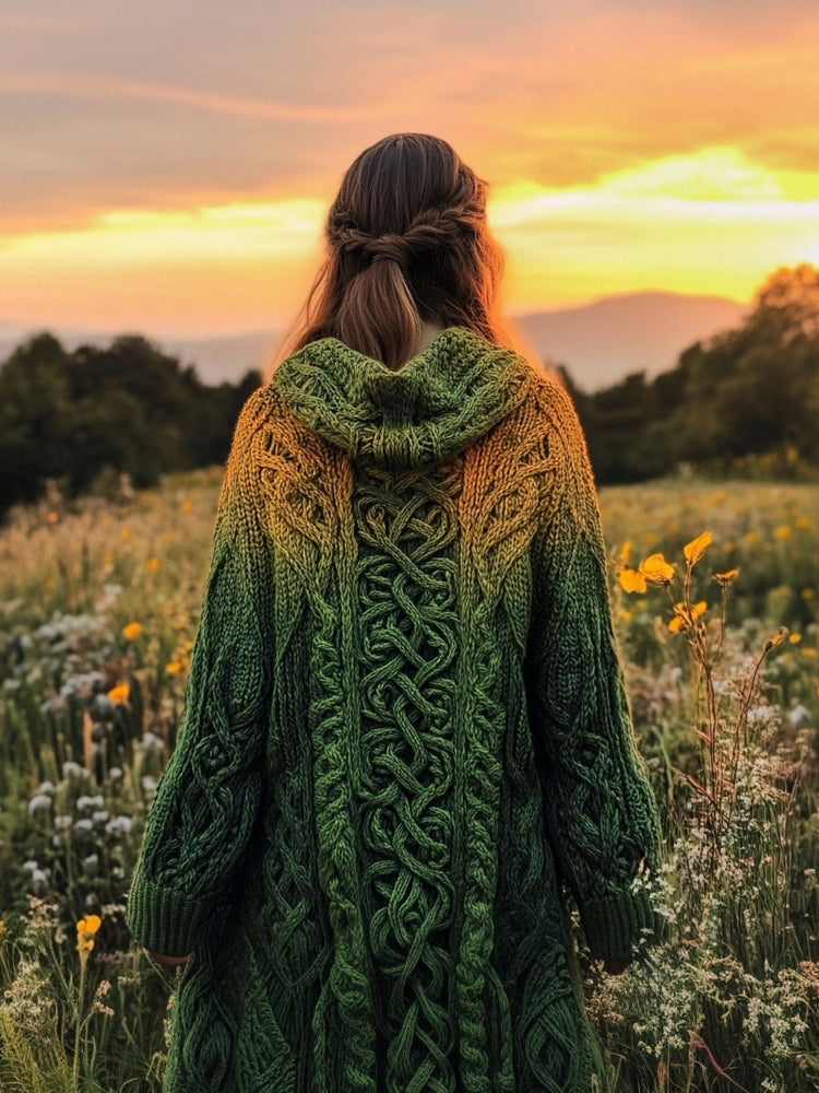 Vintage Celtic Knot Gradient Embroidery Women's Hooded Cardigan elevenforest