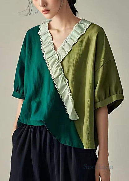 Green Ruffled Patchwork Cotton T Shirt Summer
