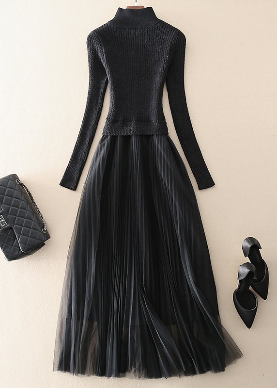 Black Zip Up Tulle Patchwork Knit Long Dresses Spring