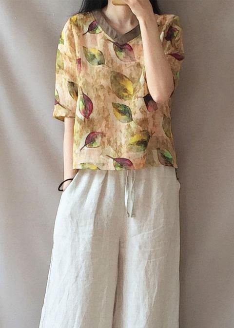 Modern Yellow Leaves Clothes V Neck Half Sleeve Loose Blouse