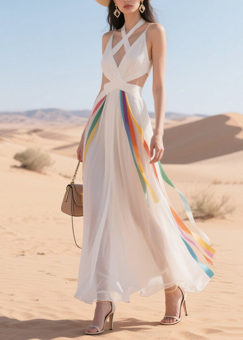 Simple White Bandage Multicolour Ribbon Chiffon Mini Dress Summer