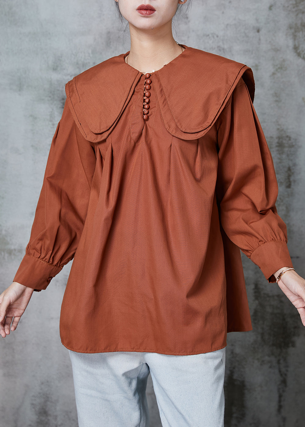 Brown Double-layer Collar Cotton Shirt Top Spring