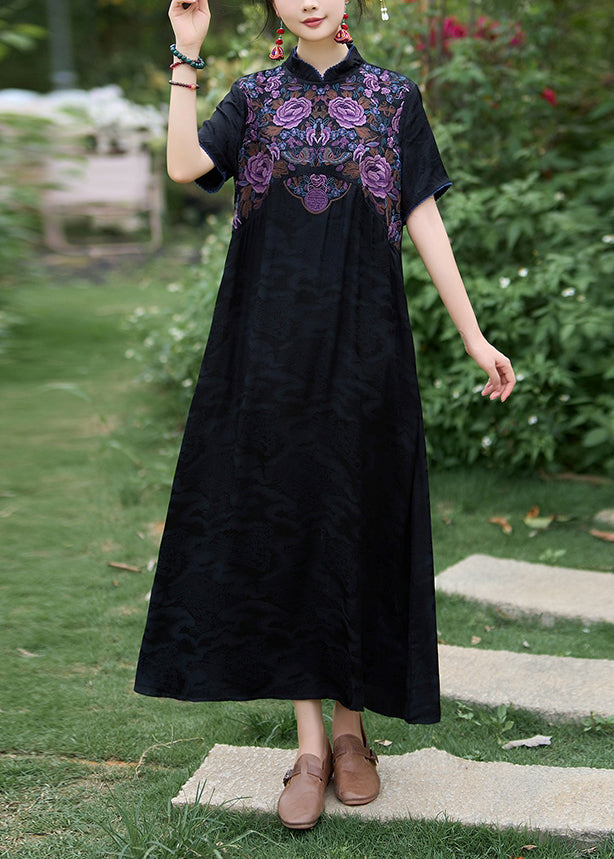Black Silk Dress Embroidered Stand Collar Summer