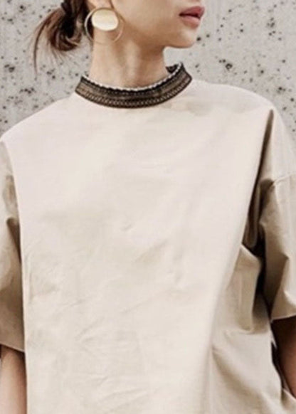 Khaki Stand Collar Oversized Patchwork Cotton Tank Short Sleeve