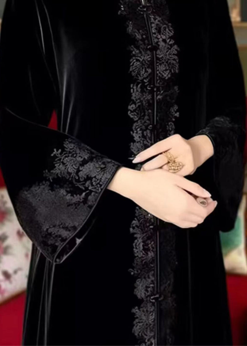 New Black Embroideried Button Fleece Silk Velour Long Dresses Flare Sleeve Fall