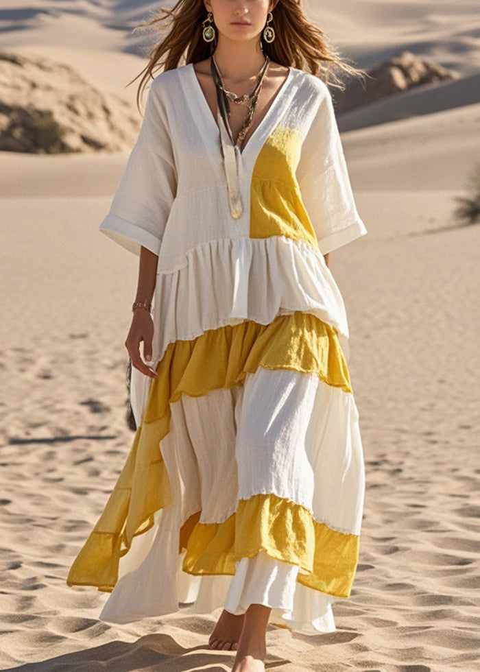 Stylish White Asymmetrical Patchwork Cotton Holiday Dress Bracelet Sleeve Summer