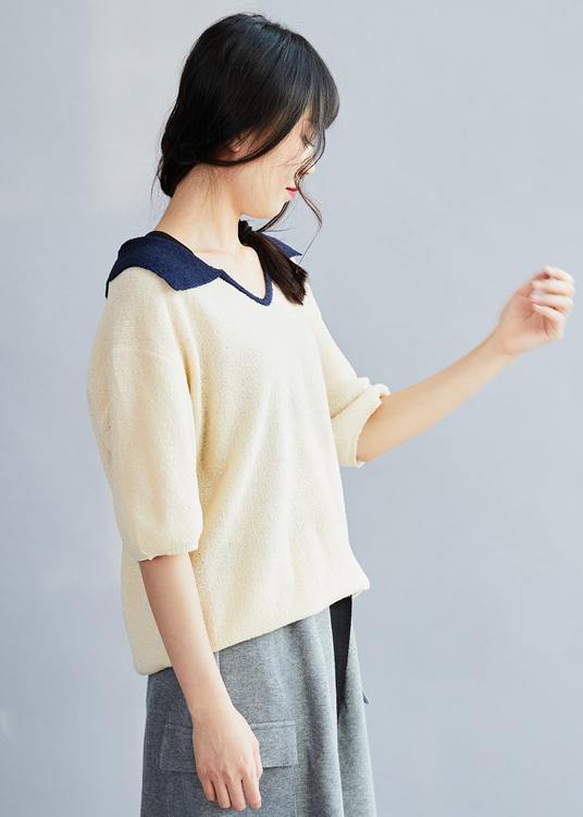 White Cotton Crane Tops Polo Collar Oversized Patchwork Tops