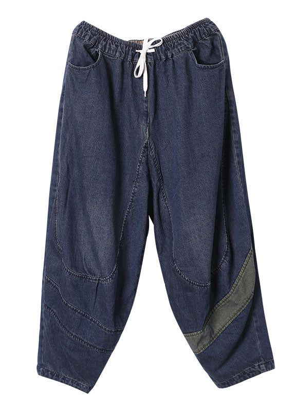 Blue Elastic Waist Pockets Harem Denim Fall Patchwork Pants