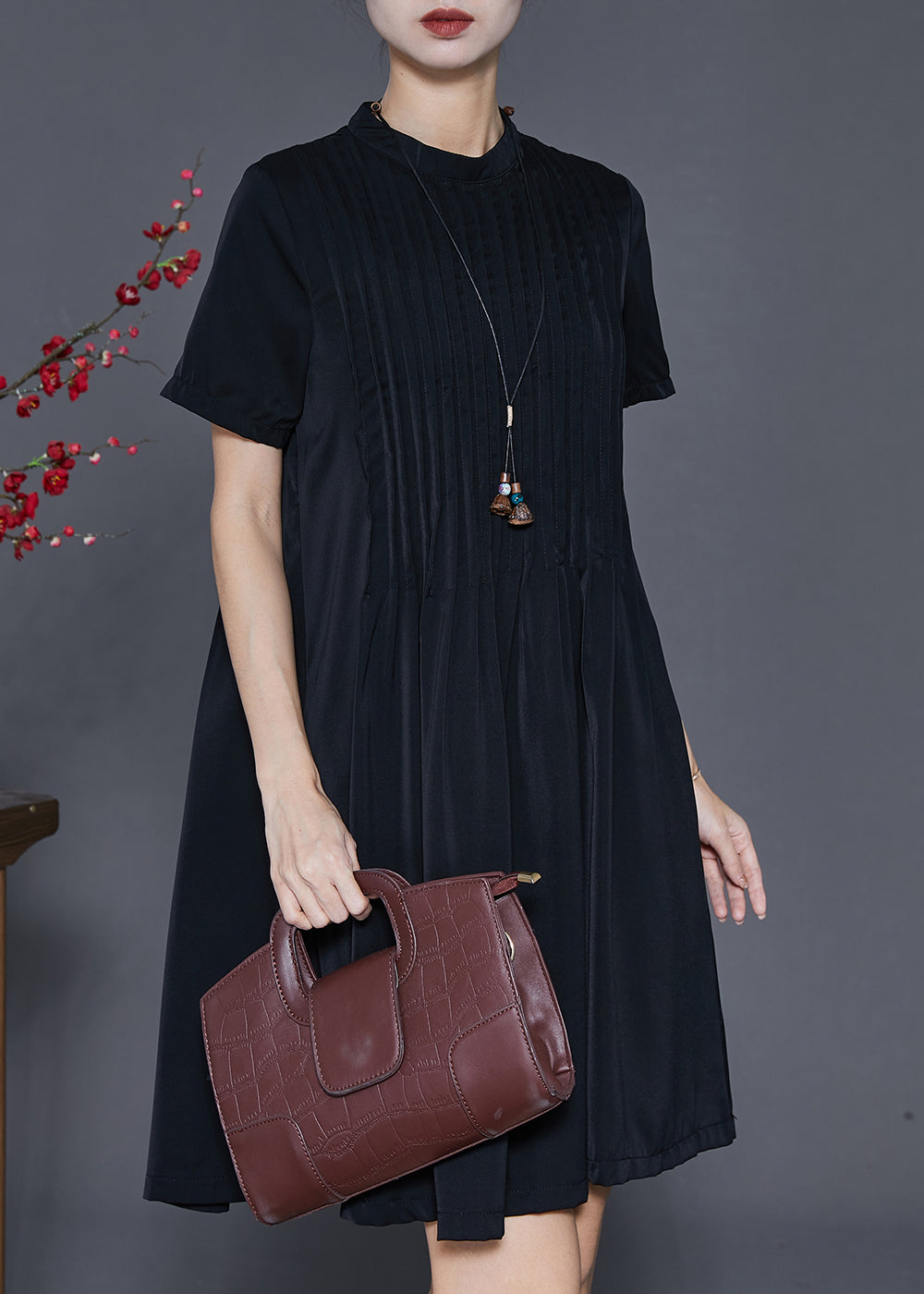 Black Stand Collar Wrinkled Cotton Dress Summer