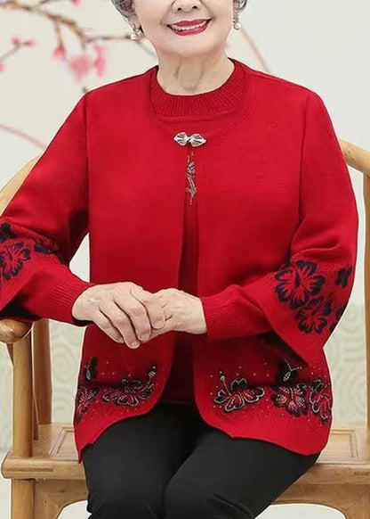 Red O-neck Zircon Cotton Knit Coats and Sweaters Two Pieces Set Fall