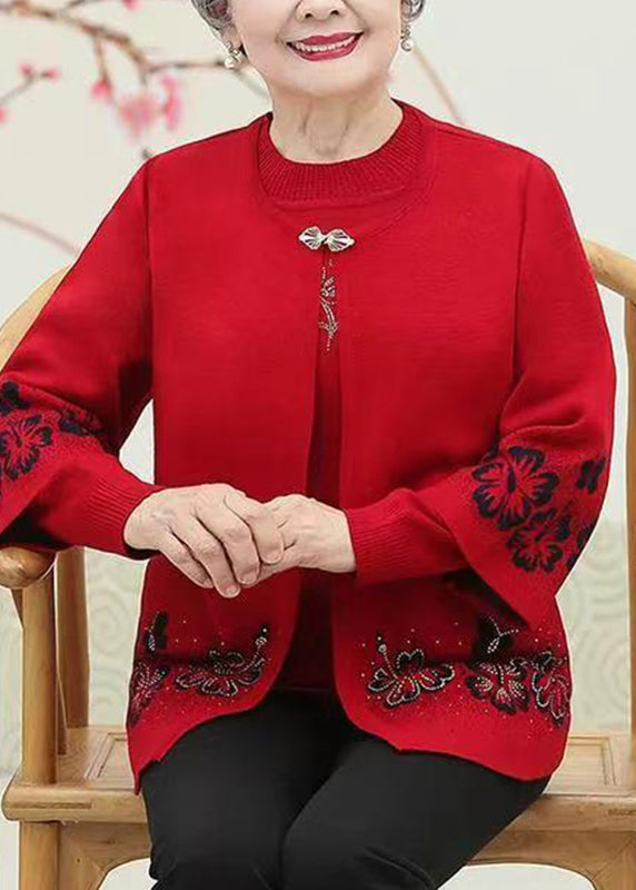 Red O-neck Zircon Cotton Knit Coats and Sweaters Two Pieces Set Fall