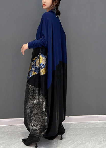 Blue O-neck Print Patchwork Button Long Dress Fall