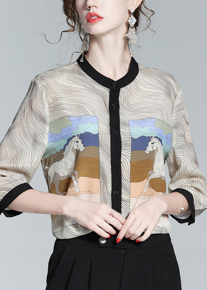 Apricot O-neck Print Button Silk Shirt Long Sleeve