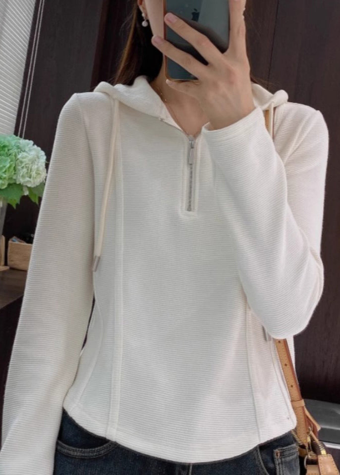 Grey Hooded Zippered Cotton T Shirt Spring