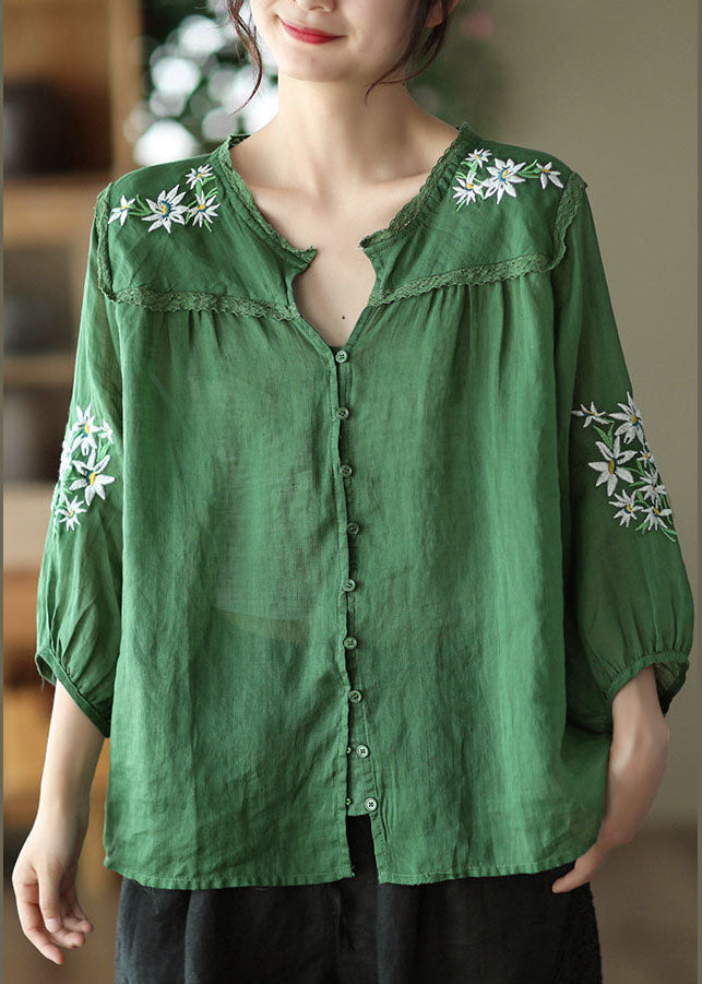 Green V Neck Embroideried Linen Top Bracelet Sleeve