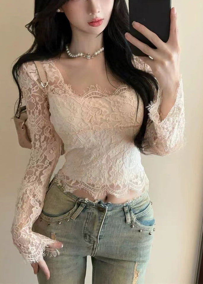 White Square Collar Silm Fit Lace Tops Spring