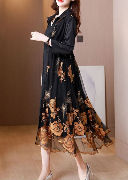 Black Embroideried Tie Waist Tulle Patchwork Shirts Long Dresses Fall