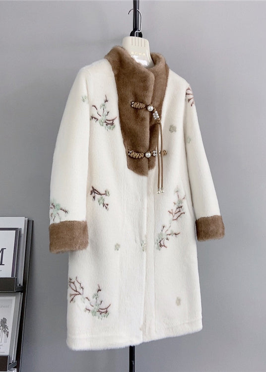 Chinese Style Beige Tasseled Embroideried Mink Cashmere Coat Winter