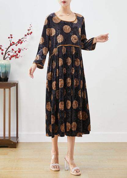 Black Oversized Print Silk Velour Long Dress Fall