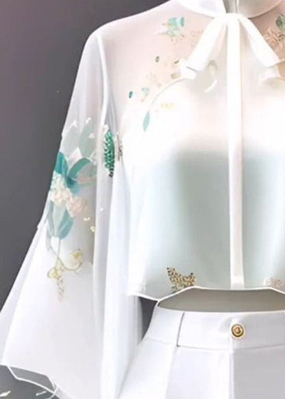 Chinese Style White Stand Collar Embroidered Chiffon Flare Sleeve Fall