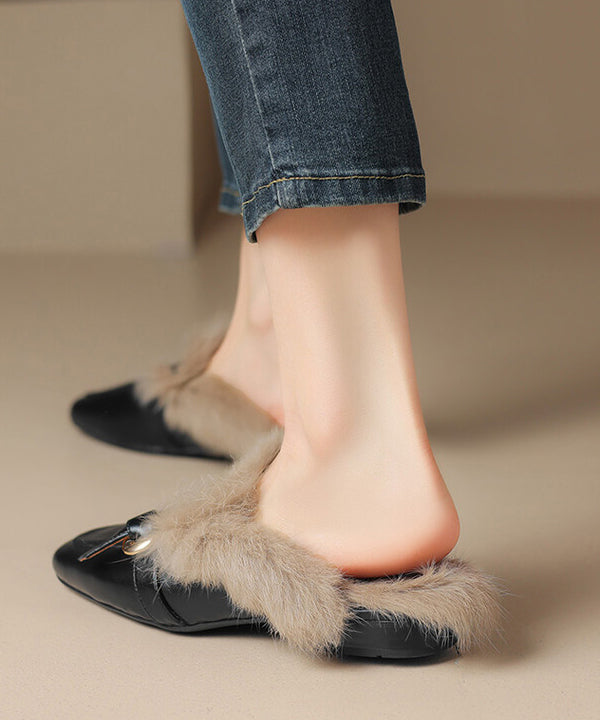 Brown Cowhide Leather Slippers Shoes Splicing Fuzzy Wool Lined