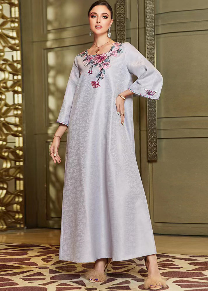 Jacquard Grey O-neck Embroideried Silk Maxi Dresses Fall
