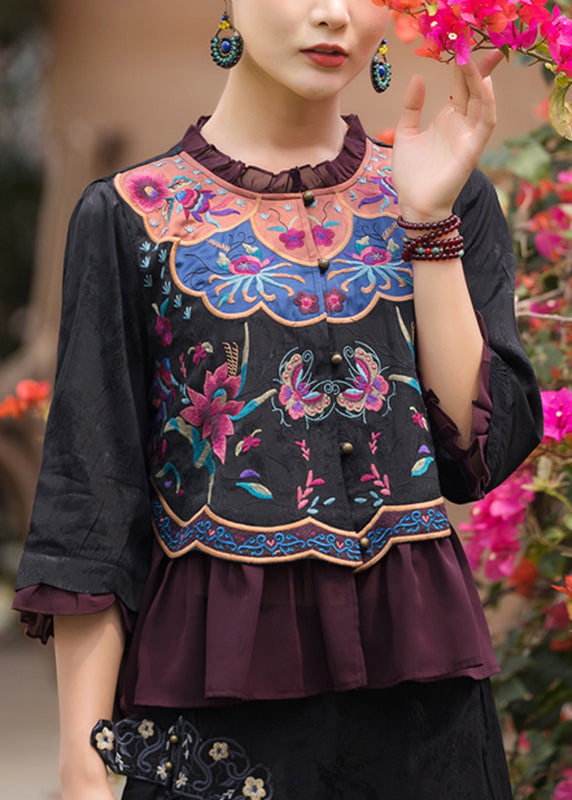 Black O-neck Embroideried Ruffled Chiffon Tops Long Sleeve