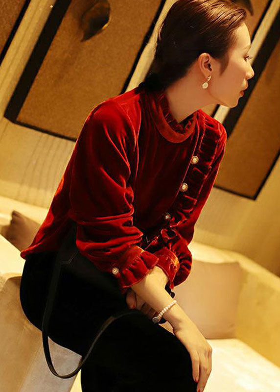 Red Stand Collar Ruffled Button Silk Velour Shirt Top Long Sleeve
