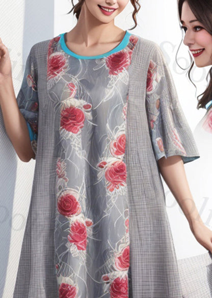 Diy Grey Print Patchwork Exra Large Hem Cotton Dress Summer