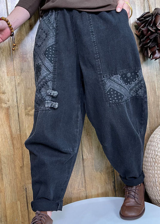 Style Black Button Patch Applique Denim Pants Spring