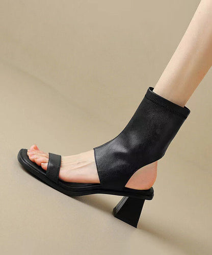 Hollow Out Chunky Sandals Black Cowhide Leather