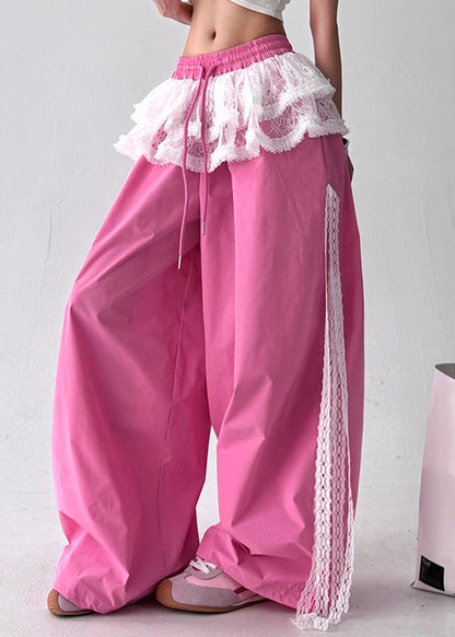 Pink Lace Patchwork Cotton Wide Leg Pants Fall