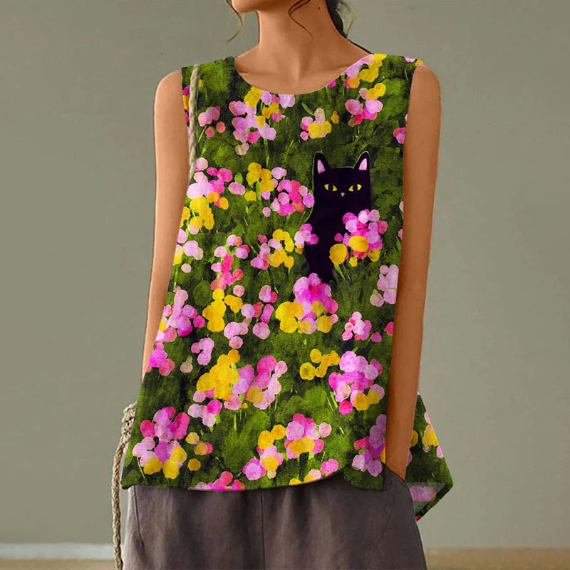 Comstylish Flowers Cat Art Print Casual Tank Top