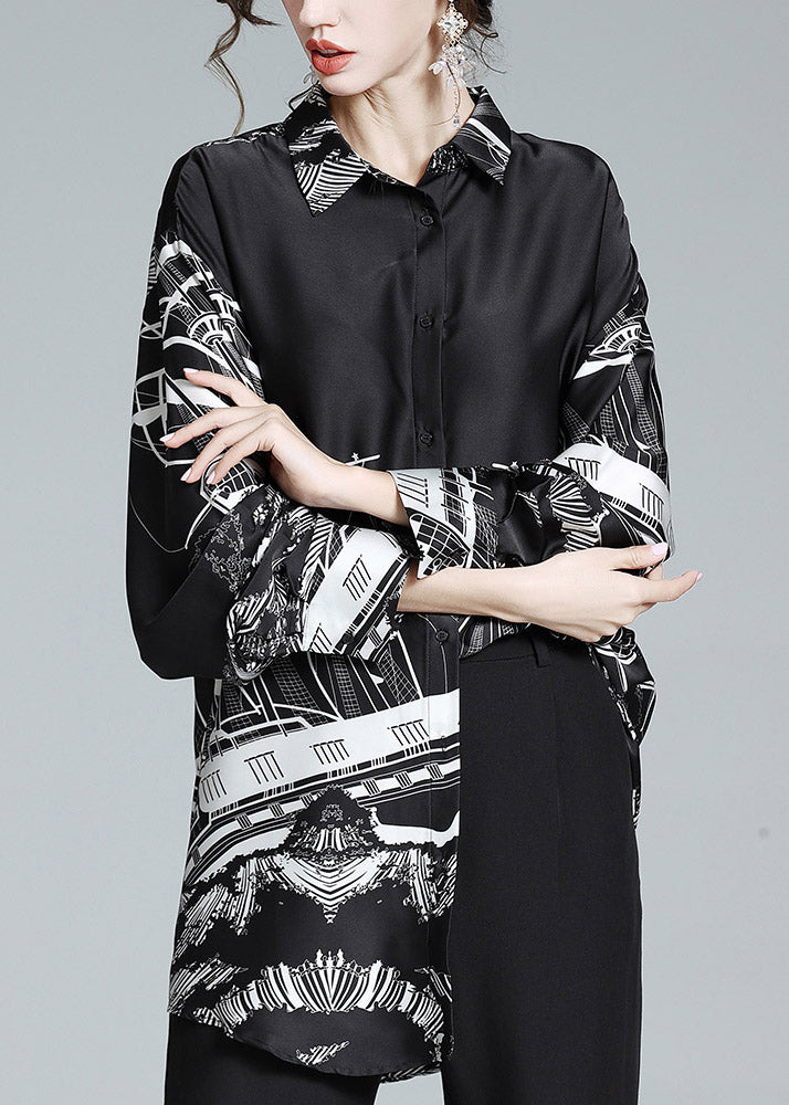 Black Peter Pan Collar Print Button Silk Shirt Long Sleeve