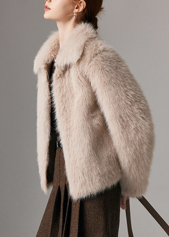Beige Zippered Pockets Leather and Fur Winter Coat Peter Pan Collar