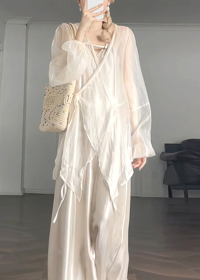 Loose Beige V Neck Silk Shirts and Spaghetti Strap Dress Two Piece Set Long Sleeve