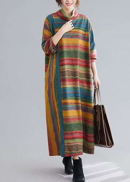 Green Turtle Neck Patchwork Striped Cotton Ankle Dress Spring