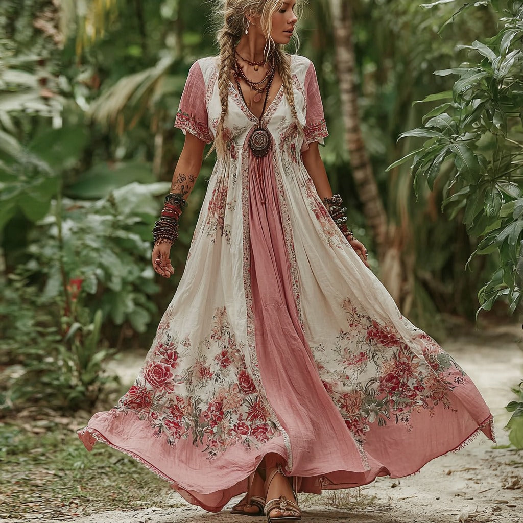 Women's Vintage Rose Floral Pattern V-neck Dress artswardrobe