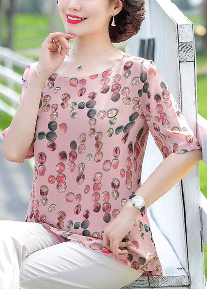 Pink O-neck Dot Print Chiffon Tops Half Sleeve
