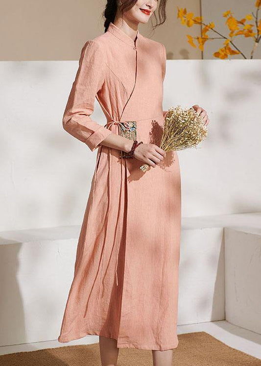 Unique Pink Embroideried Tie Waist Summer Linen Summer Dresses
